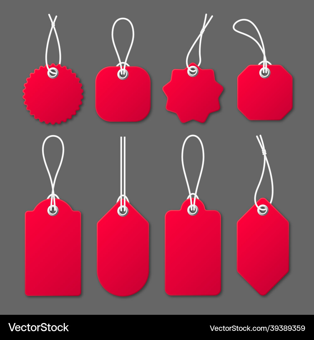 Realistic red price tags with white string on gray Realistic red price tags with white string on gray vector image