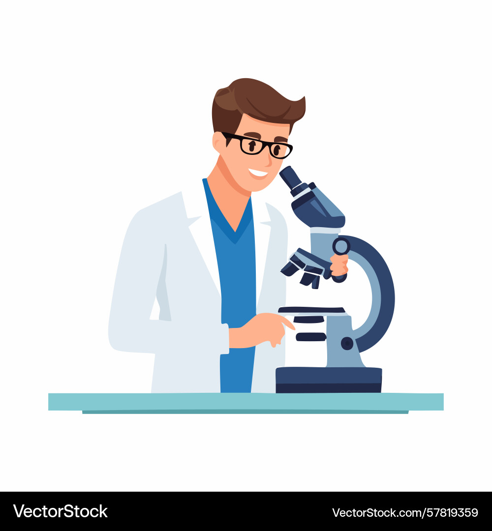 Smiling scientist examining sample through Smiling scientist examining sample through vector image