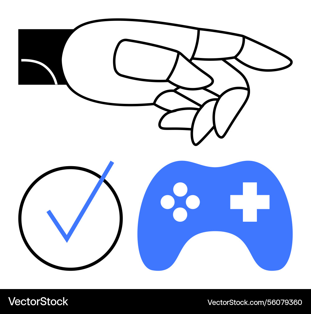Robotic hand gesturing next to checkmark and game Robotic hand gesturing next to checkmark and game vector image