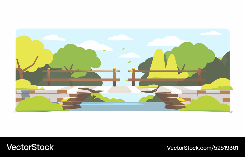 Sunny park scene wooden bridge over stream trees Vector Image