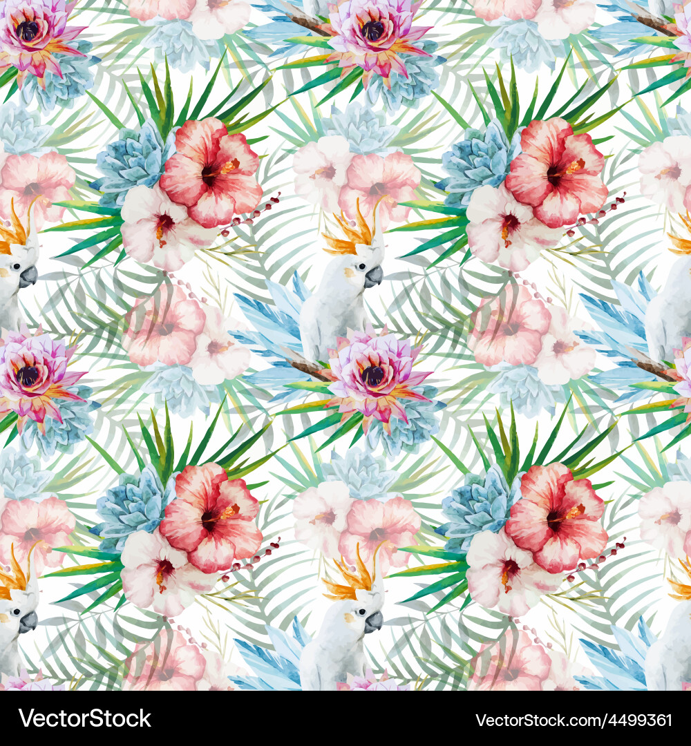 Watercolor Parrot & Floral Pattern Vector Image