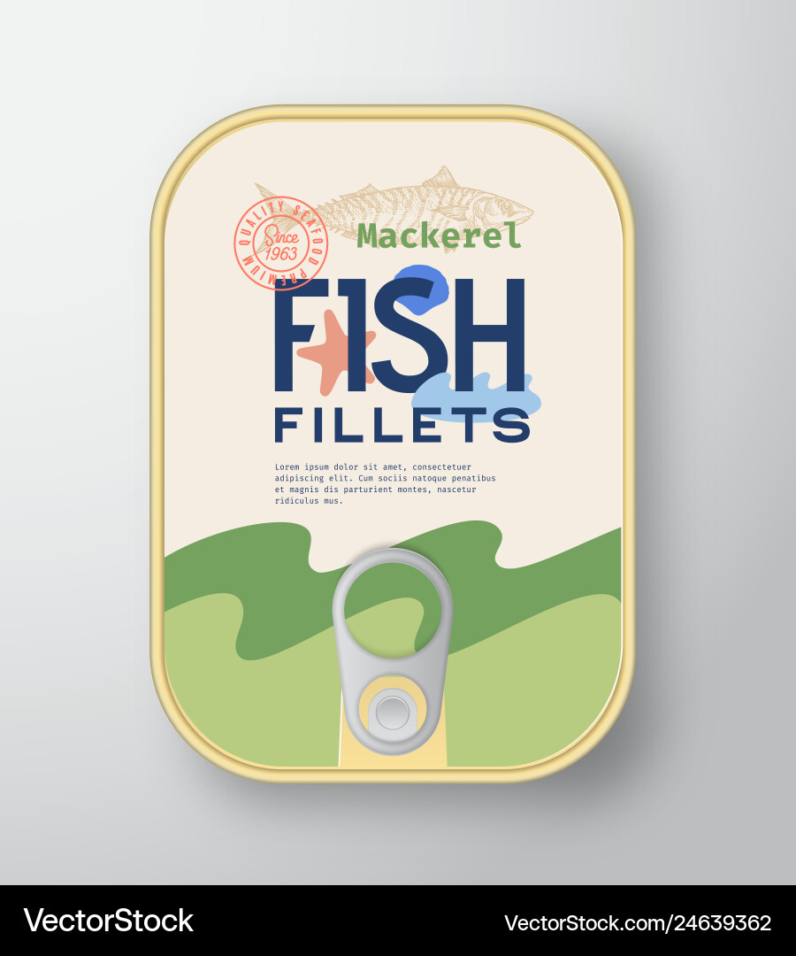 Fish fillets aluminium container with label cover Fish fillets aluminium container with label cover vector image