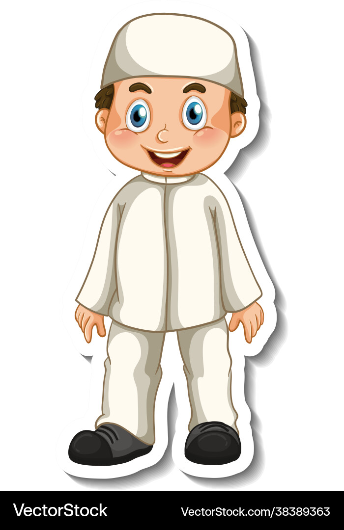 A sticker template with muslim boy in standing vector image