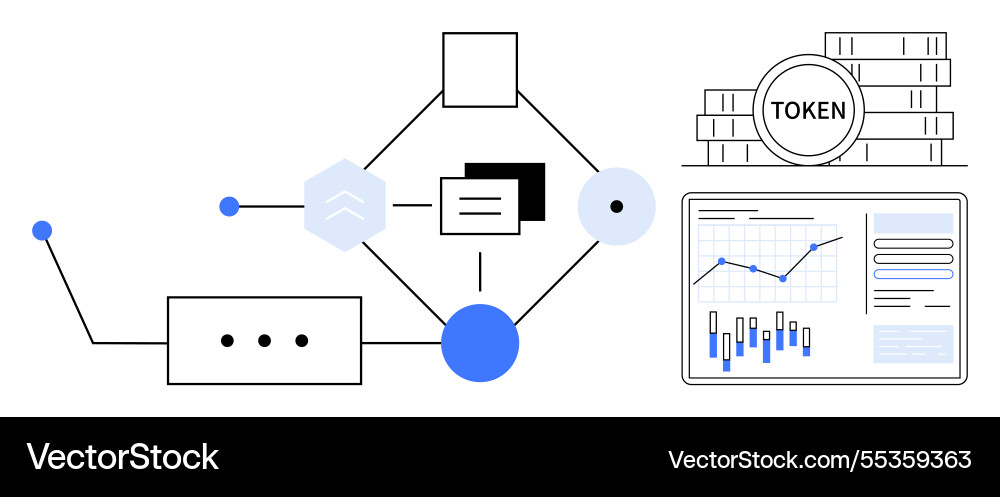 Blockchain network diagram with tokens data flow Vector Image