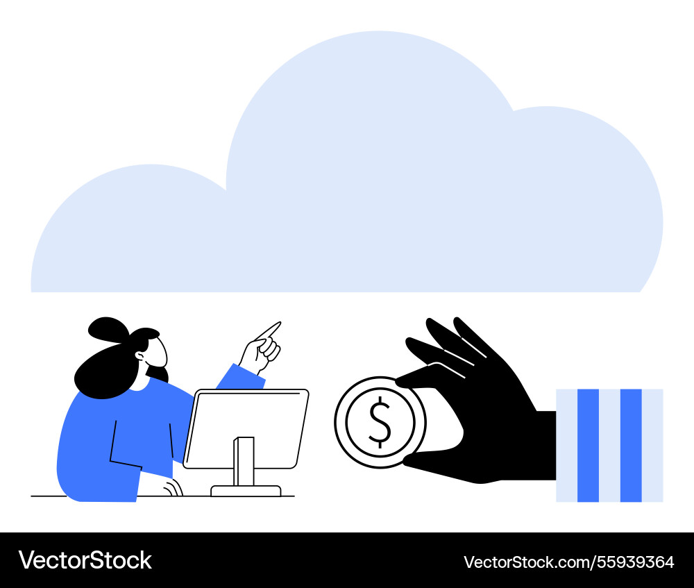 Cloud storage concept with a user pointing at data Cloud storage concept with a user pointing at data vector image