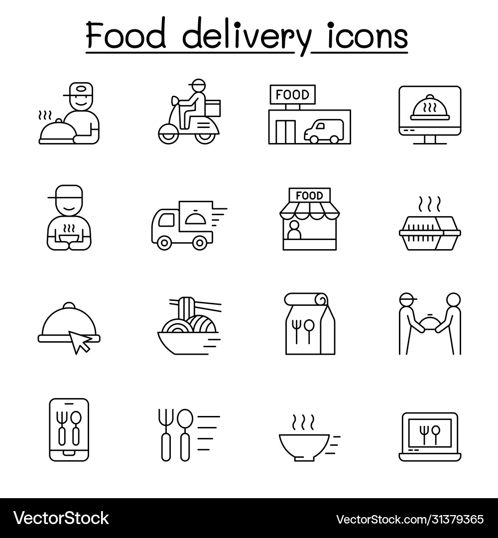 Essen Lieferung Icons in Dünne Linie Stil gesetzt Essen Lieferung Icons in Dünne Linie Stil gesetzt vektorbild