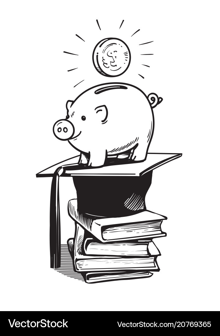 Piggy bank with graduation hat money and stack Piggy bank with graduation hat money and stack vector image