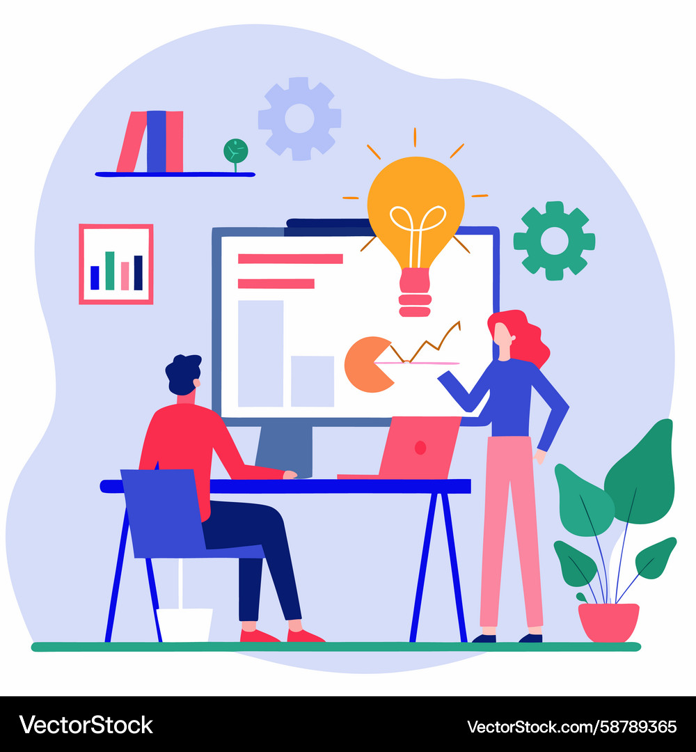 Team brainstorming ideas graphs and data display Team brainstorming ideas graphs and data display Vector Image
