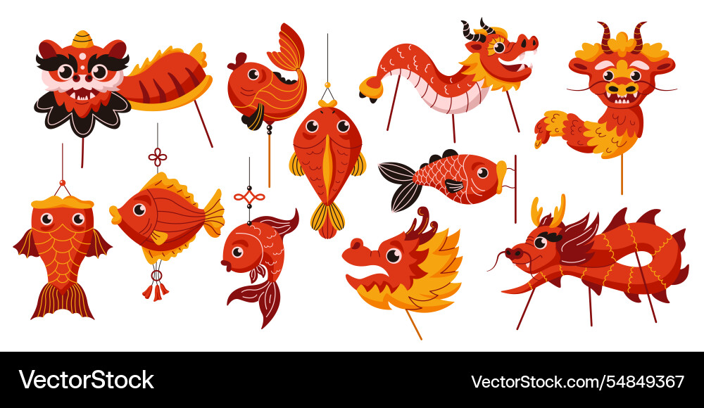 Chinesische Drachen und Fische Dekorationen flach Chinesische Drachen und Fische Dekorationen flach vektorbild
