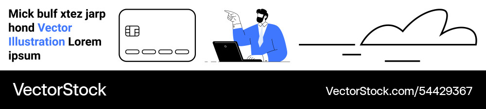 Man working on laptop with cloud and text elements Man working on laptop with cloud and text elements vector image