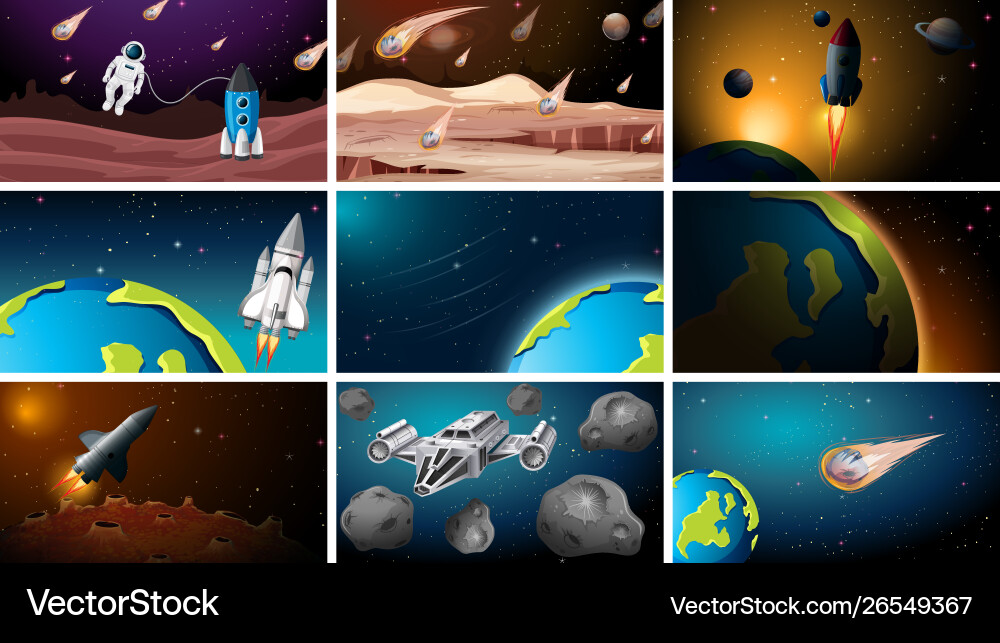 Set different space scenes Royalty Free Vector Image
