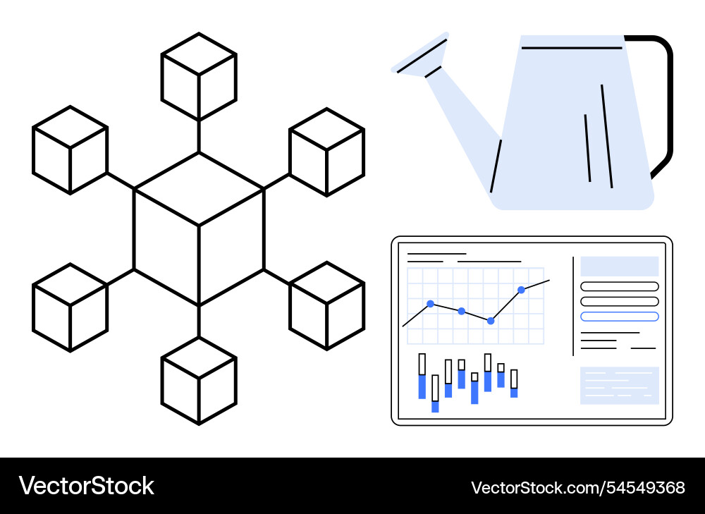 Blockchain network watering can and data Blockchain network watering can and data vector image