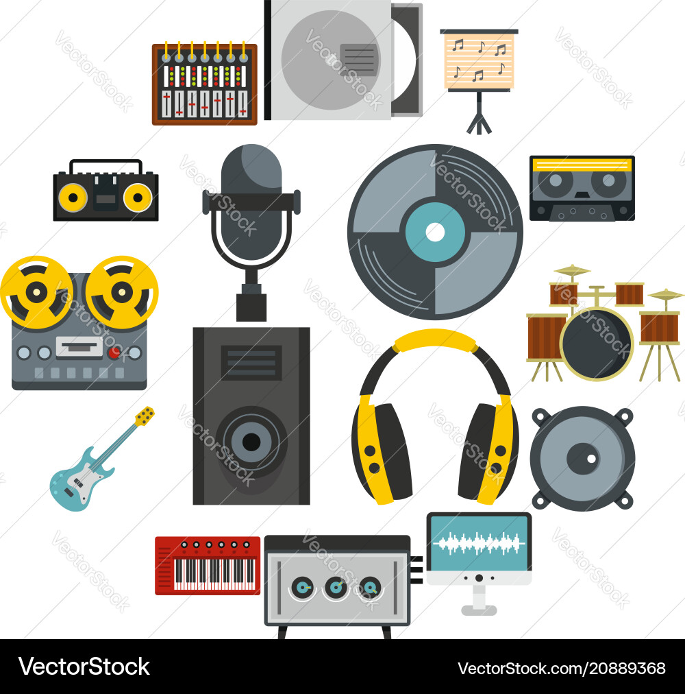 Recording studio items icons set in flat style Recording studio items icons set in flat style vector image