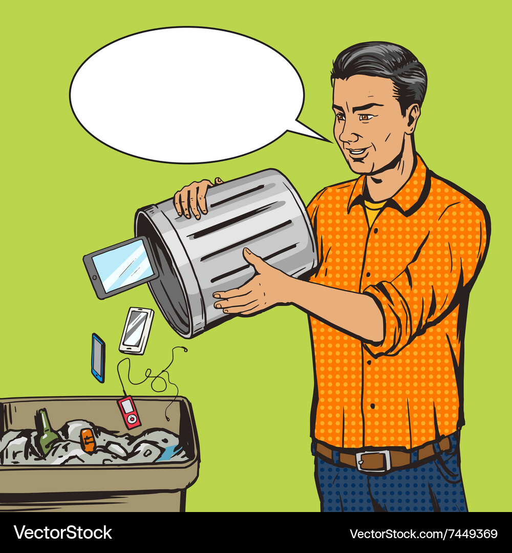 Man throws gadget device into trash pop art Vector Image