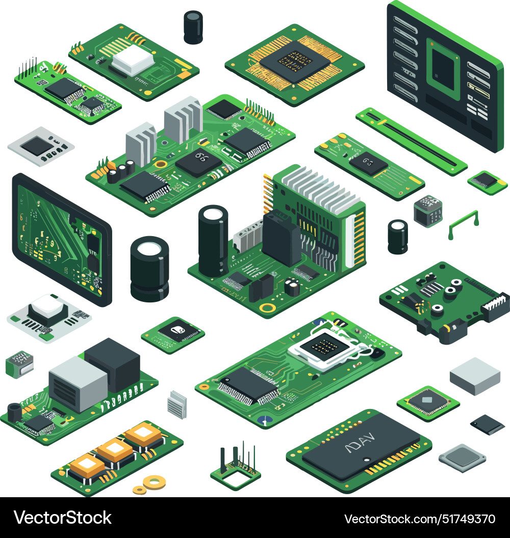 Isometric Microchip Set - Circuit Components vector image