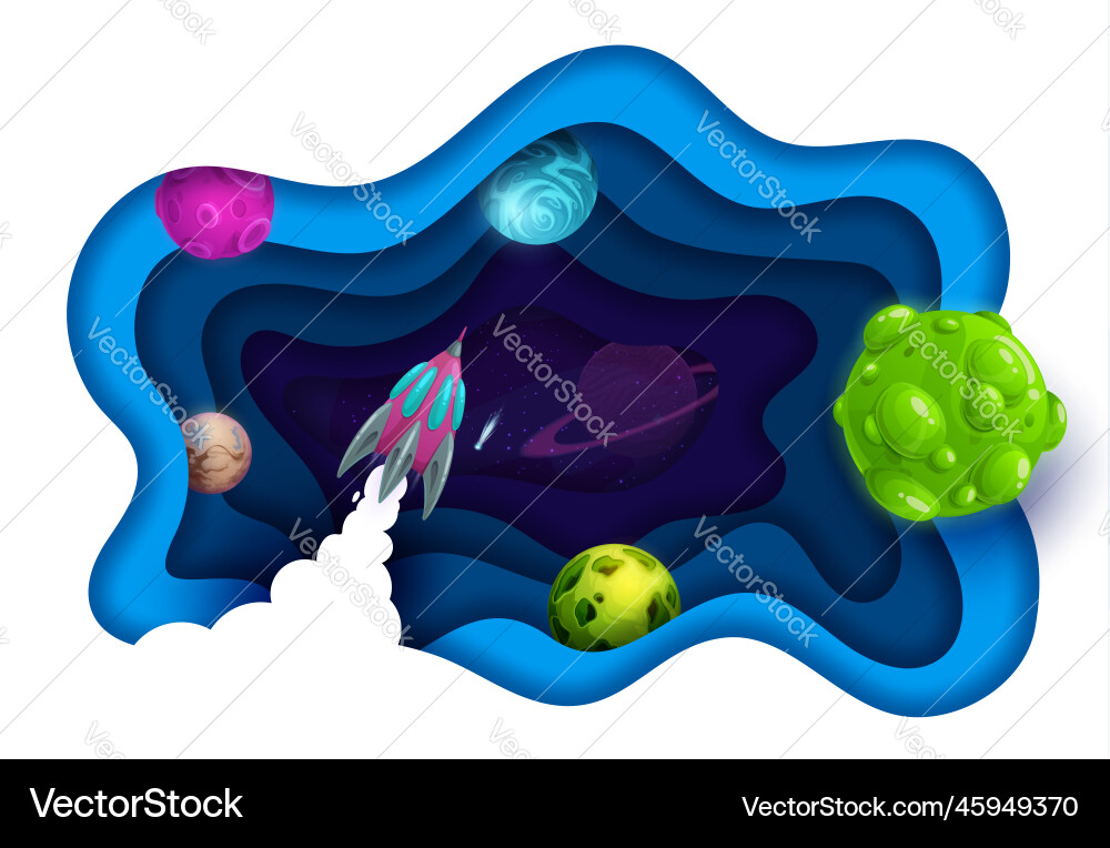 Space paper cut rocket launch and galaxy planets Space paper cut rocket launch and galaxy planets vector image