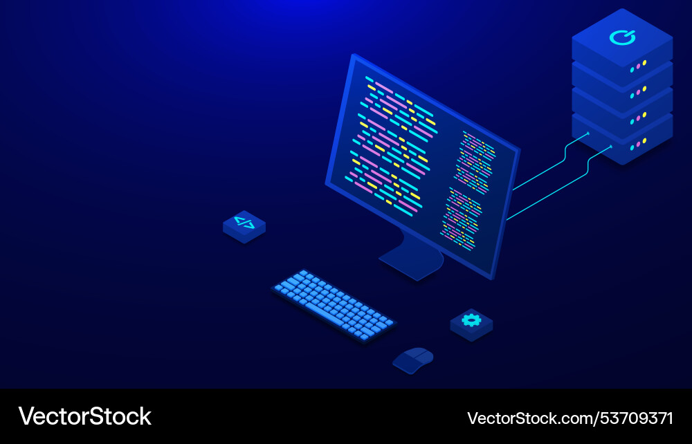 Computer programming concept with server isometric vector image