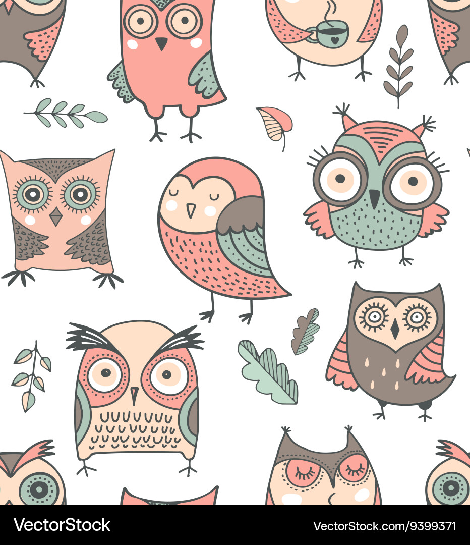Cute hand drawn owl seamless pattern Royalty Free Vector