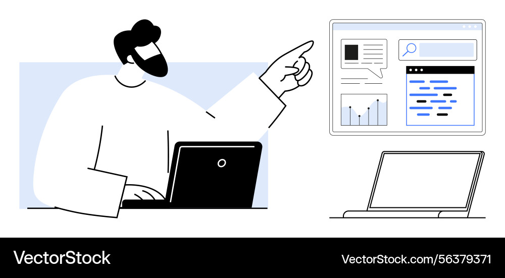 Man using laptop and analyzing data on a digital Man using laptop and analyzing data on a digital vector image
