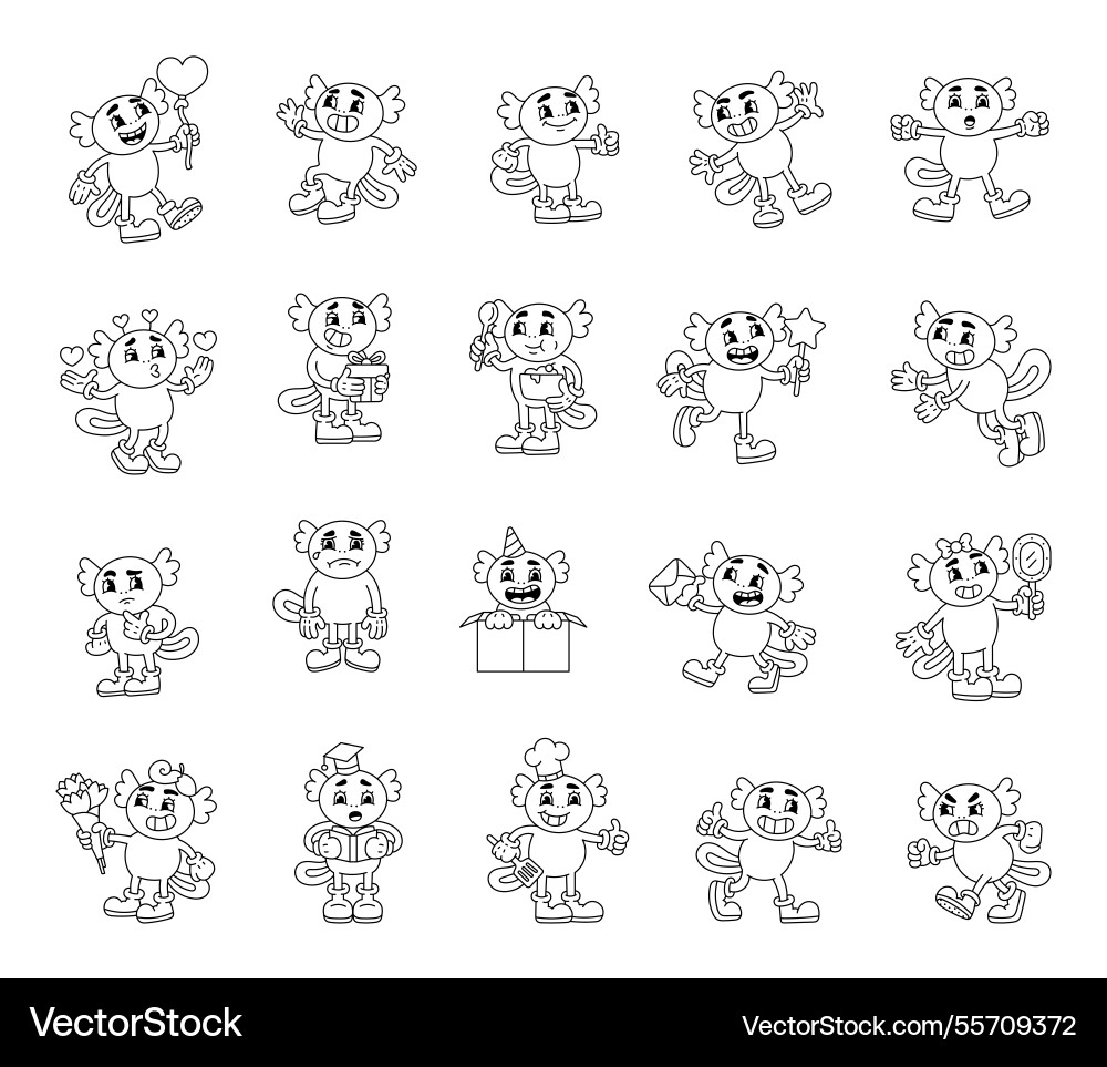 Axolotl retro character set featuring various Axolotl retro character set featuring various vector image