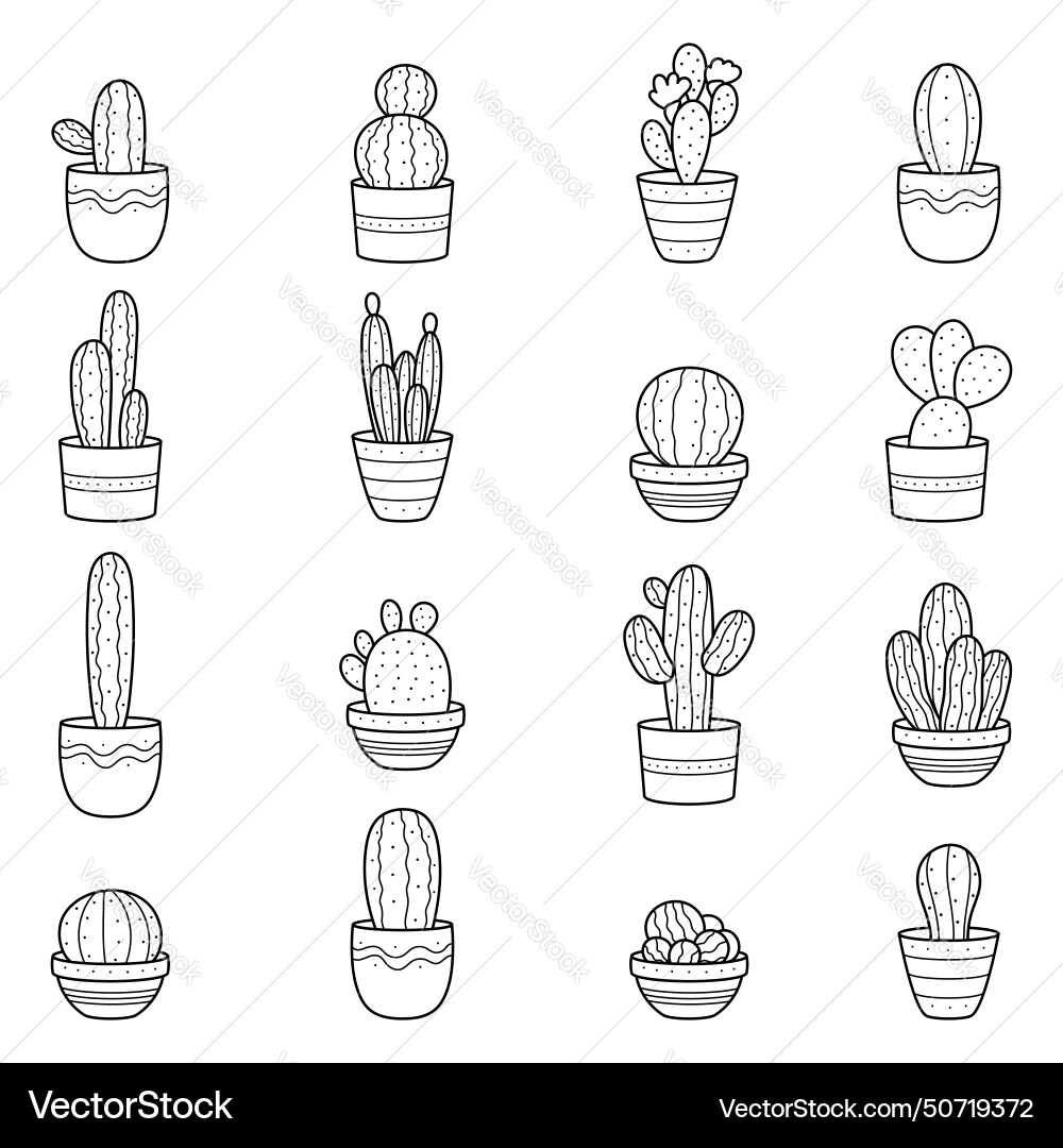 Set of simple linear cactus icons Vector Image