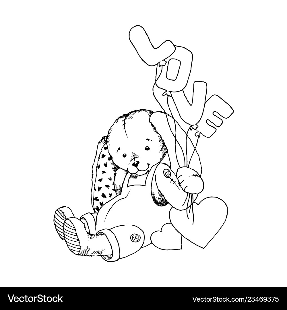 Teddy bunny toy with hearts and love word balloons Teddy bunny toy with hearts and love word balloons vector image