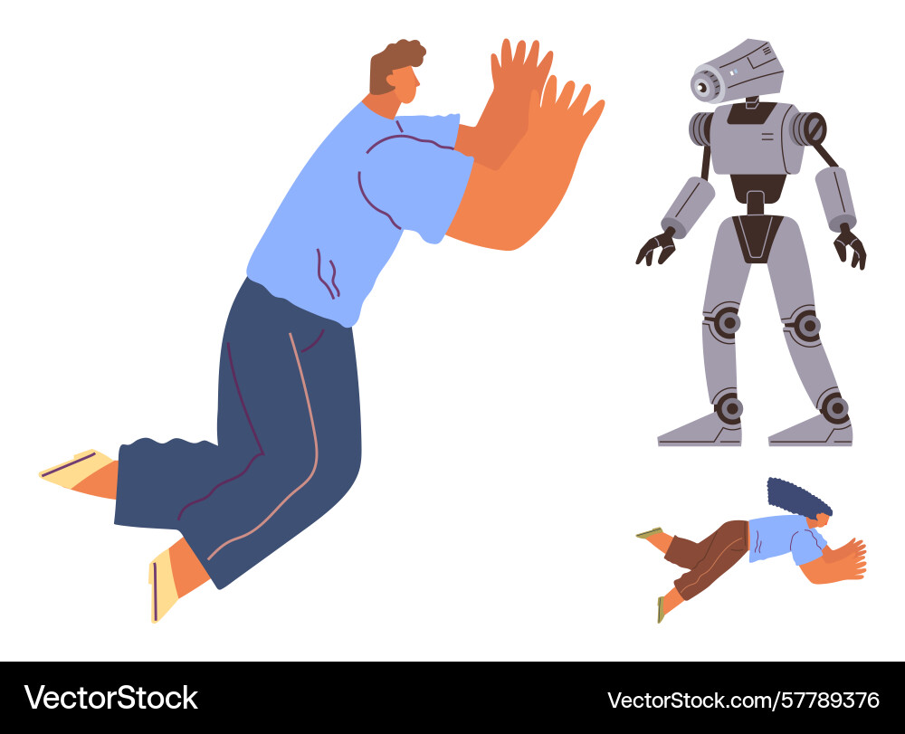 Man falling backward in fear as robot stands Man falling backward in fear as robot stands vector image
