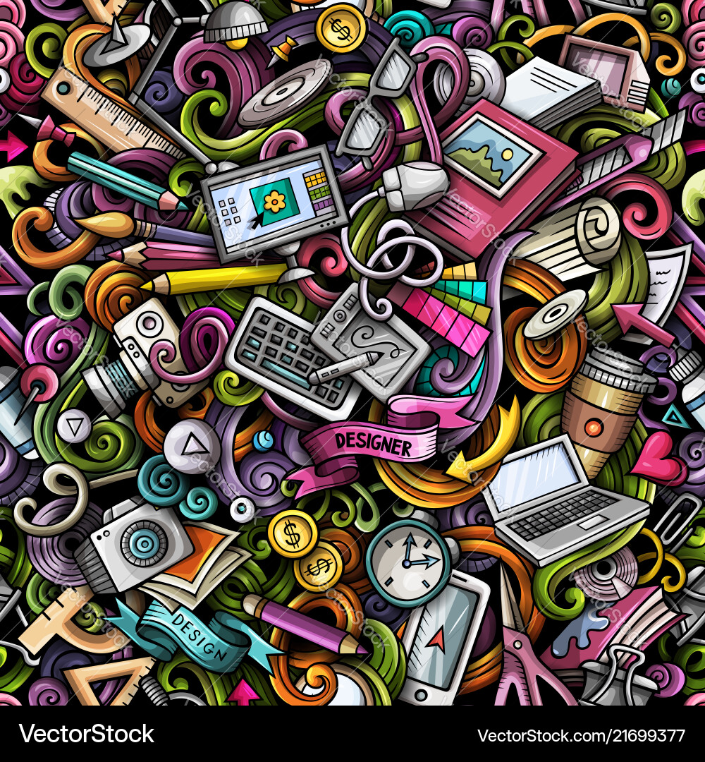 Cute Doodle Pattern - Colorful Objects Vector Image