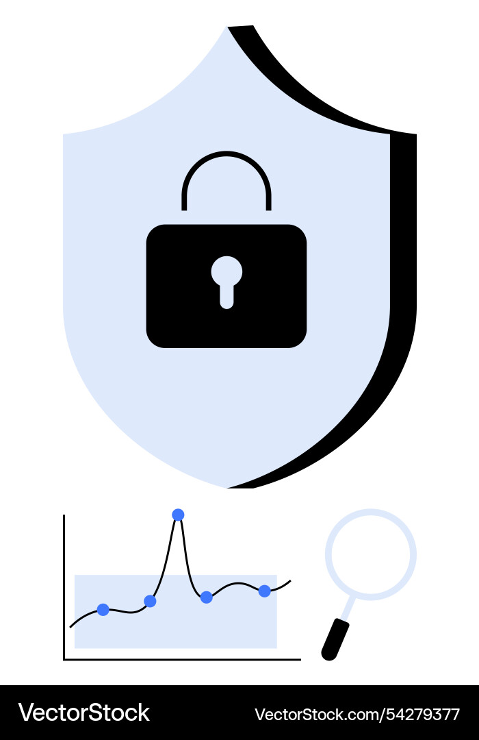 Cybersecurity and data analysis shield lock Cybersecurity and data analysis shield lock vector image