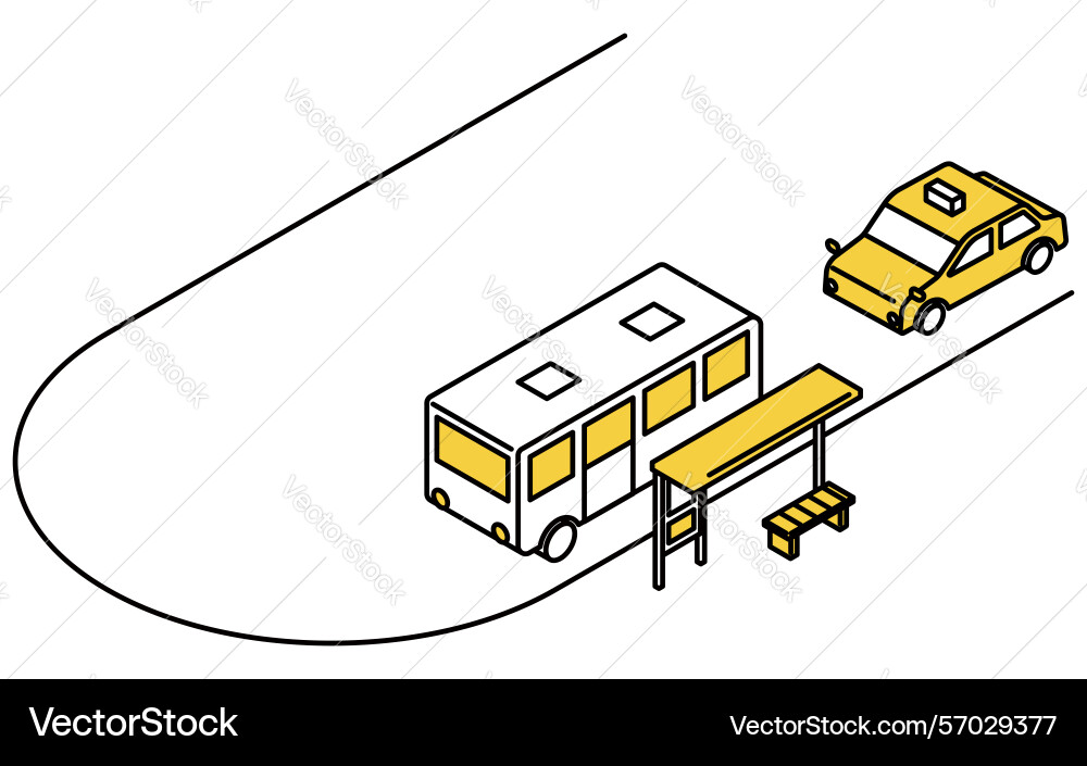 Isometric line art of a rotary with bus stop Vector Image