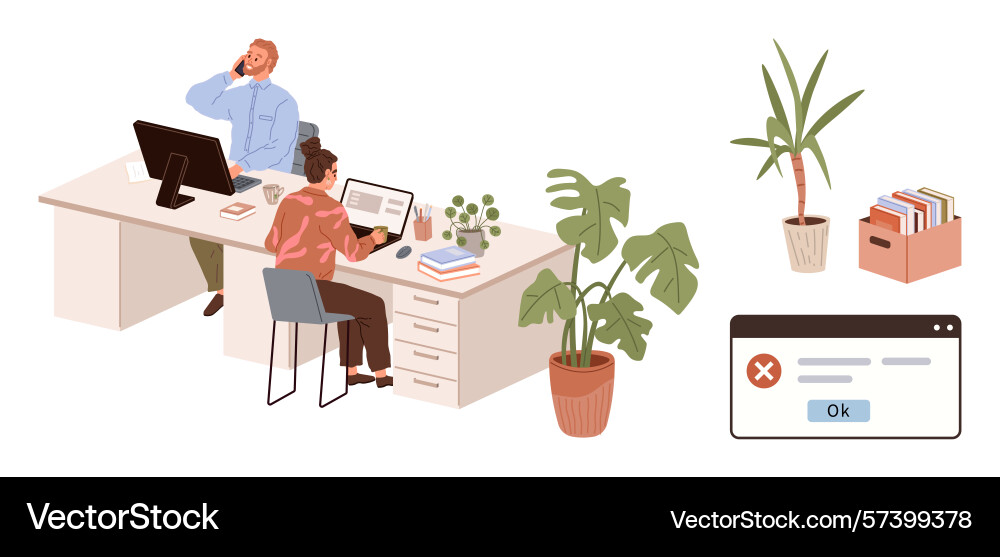 Office team working on computers with error vector image