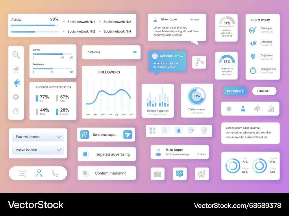 User interface elements set for social network Vector Image