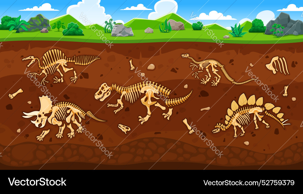 Dinosaur fossils in ground layers cross section Dinosaur fossils in ground layers cross section vector image