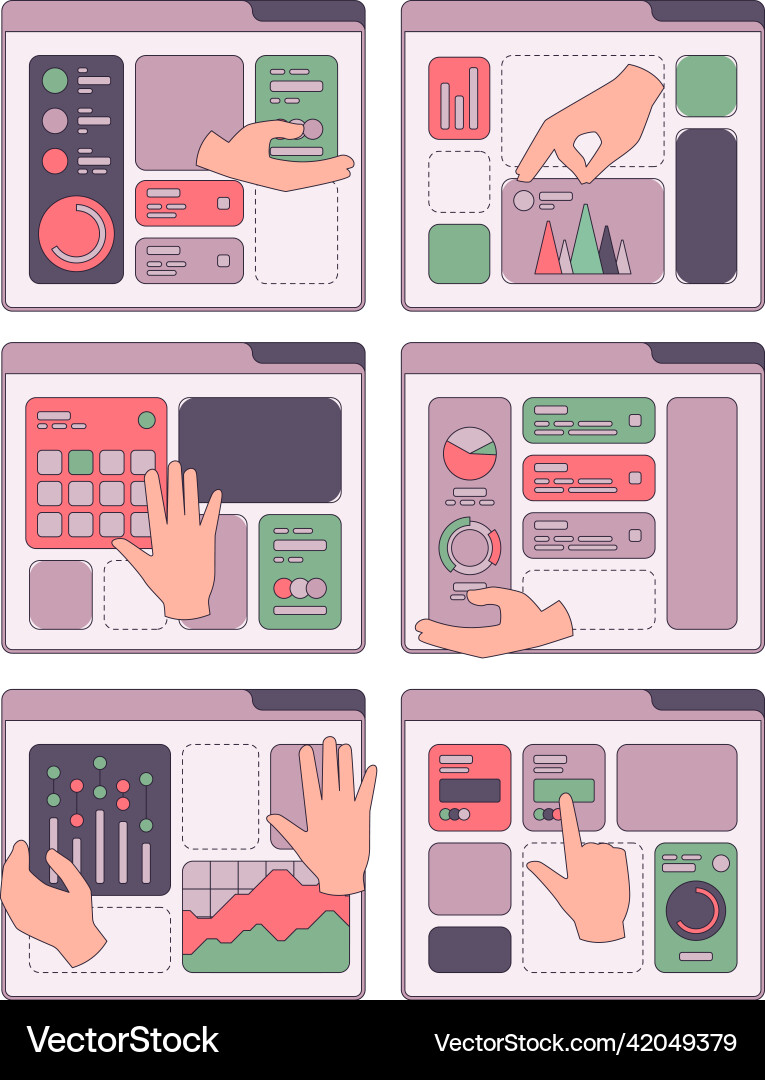 Hands moving interface ui frames and buttons Hands moving interface ui frames and buttons vector image