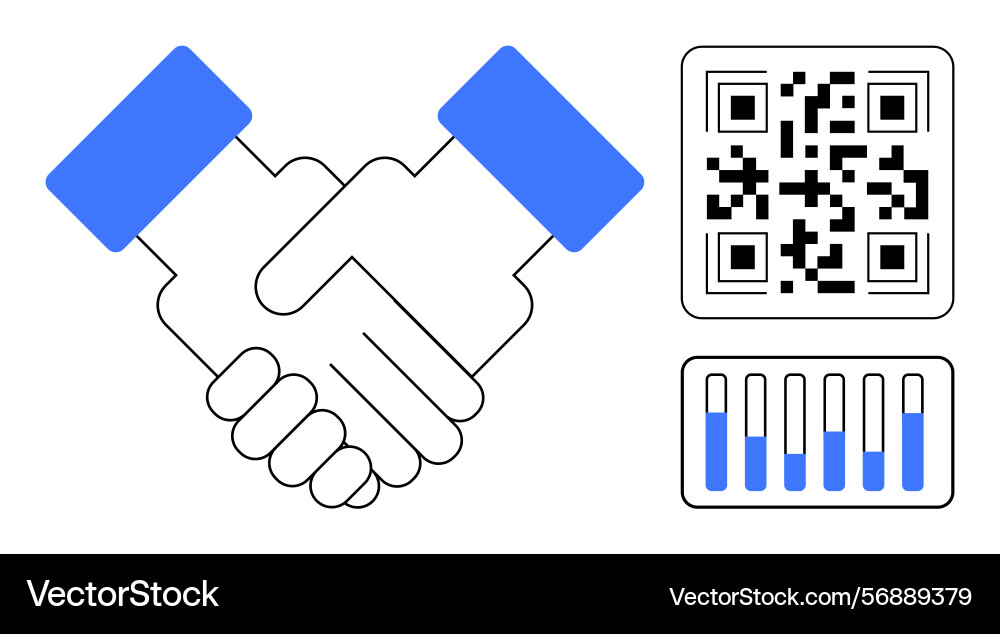 Handshake symbol with qr code and bar graph Handshake symbol with qr code and bar graph Vector Image