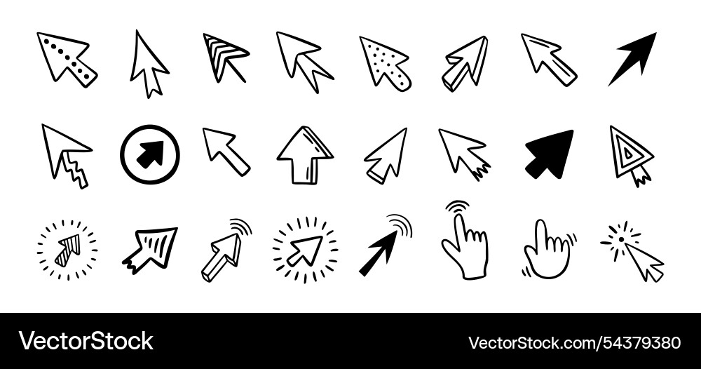 Cursor doodle icon set click hand drawn Cursor doodle icon set click hand drawn vector image
