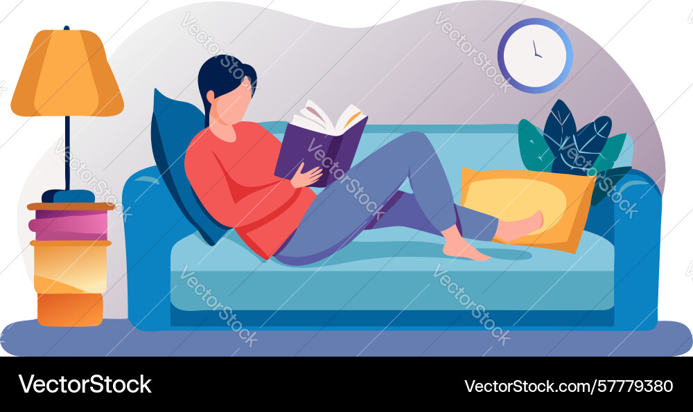 Man relaxing on sofa reading a book with cozy Vector Image