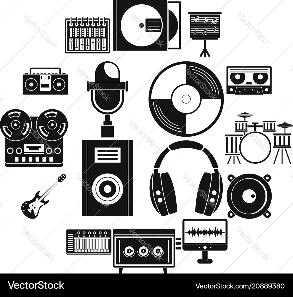 Recording studio items icons set simple style Recording studio items icons set simple style vector image
