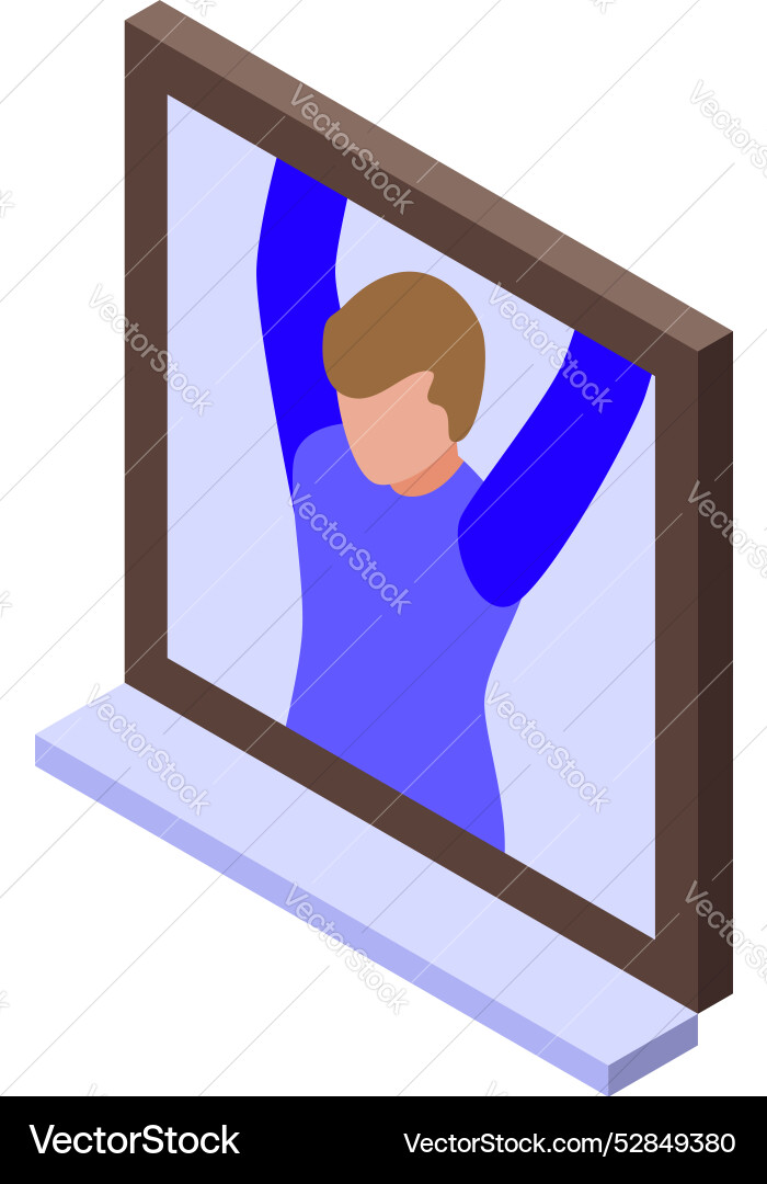 Young man climbing out of window frame isometric Young man climbing out of window frame isometric Vector Image
