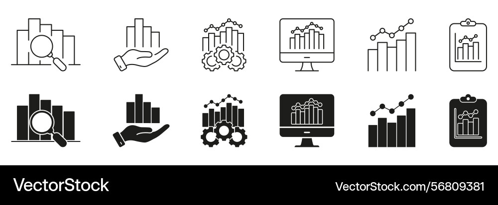 Bar chart analysis line and solid icon set Bar chart analysis line and solid icon set vector image