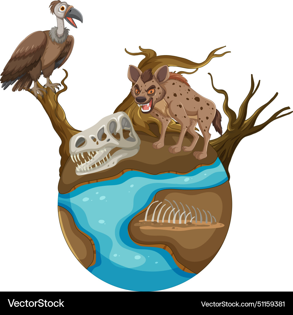 Hyena vulture and fossils on a tiny planet Hyena vulture and fossils on a tiny planet vector image