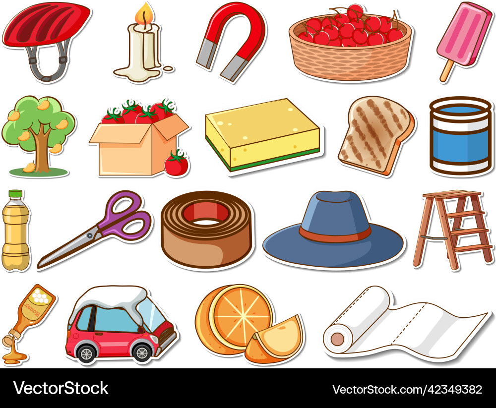 Sticker set of mixed daily objects Vector Image