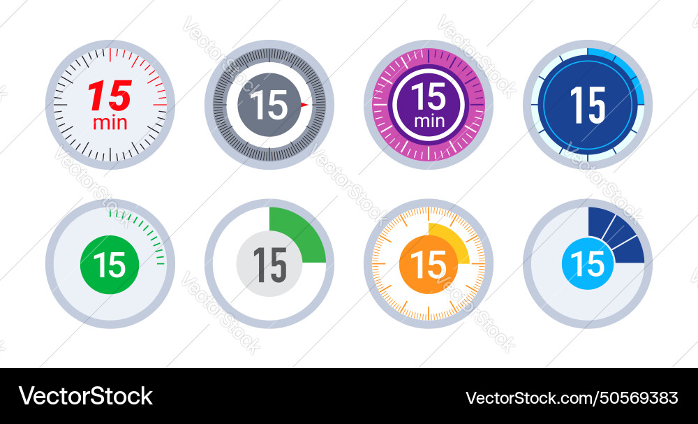 15 minute countdown stopwatch timer icons set 15 minute countdown stopwatch timer icons set vector image