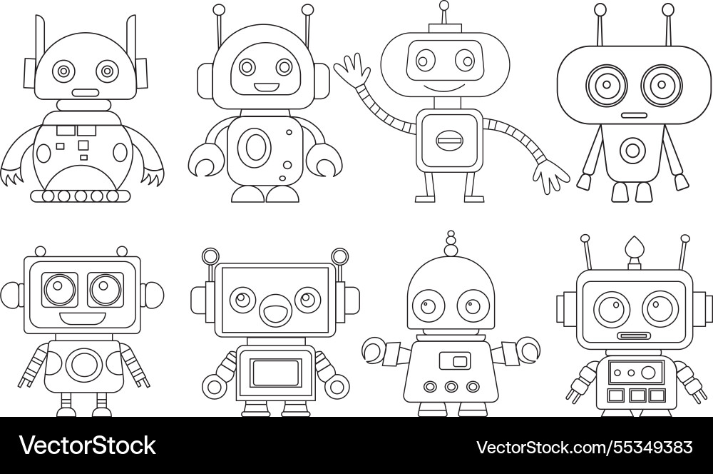 Set of characters robots coloring book isolated vector image