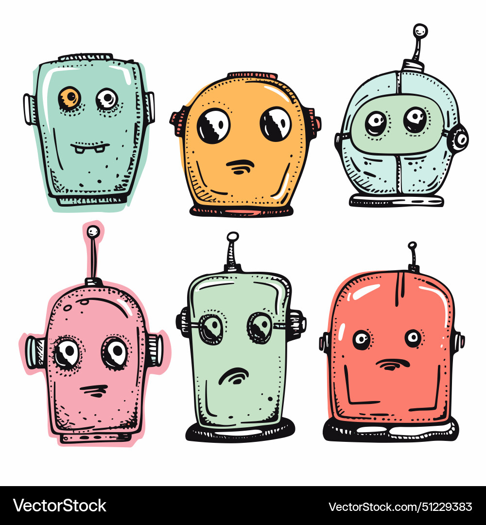 Six different cartoon robots expressing various vector image