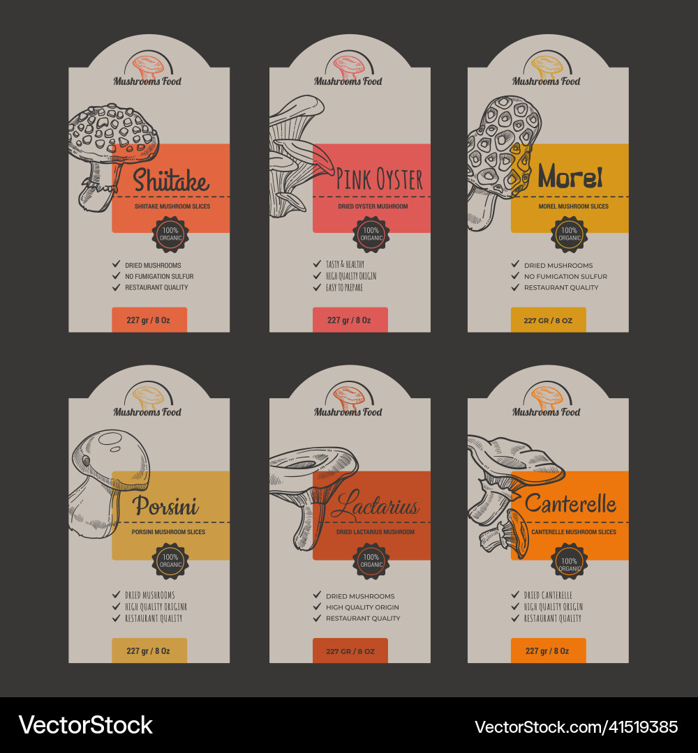 Mushroom label design set dried product sticker Mushroom label design set dried product sticker vector image
