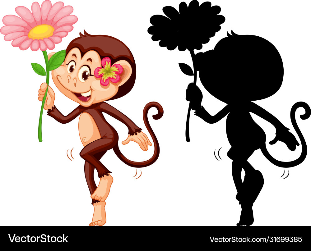 Set monkey holding flower and its silhouette Set monkey holding flower and its silhouette vector image