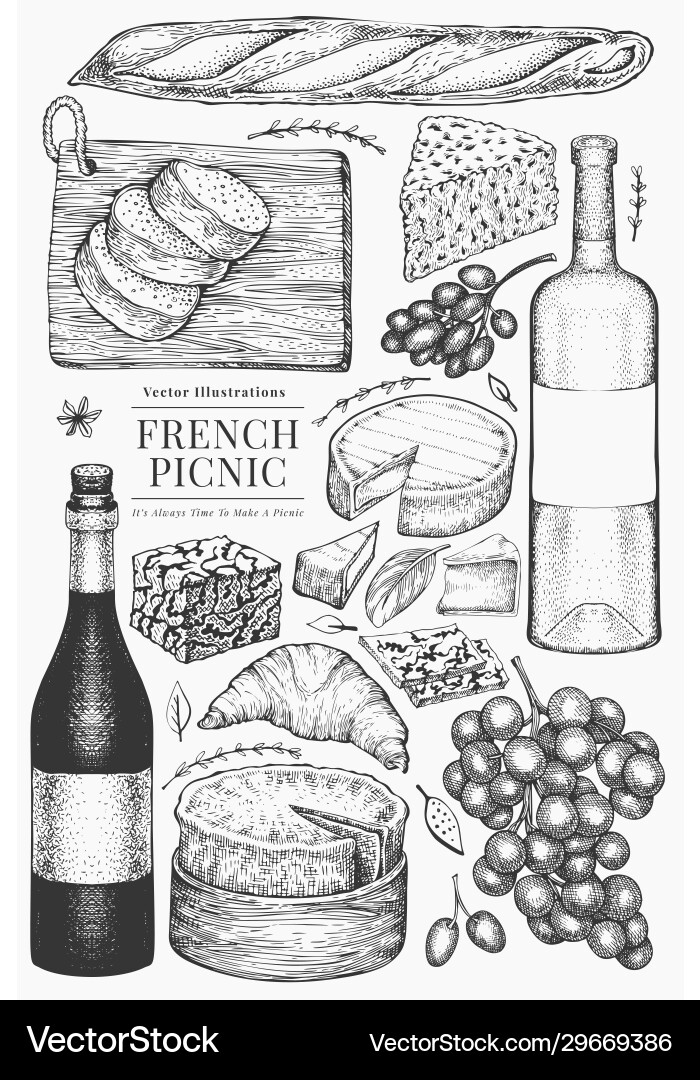 Französisch Picnic Food Set - Hand Drawn vektorbild