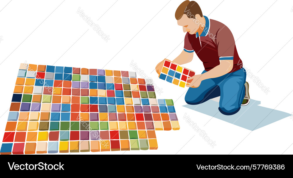 Man building a colorful pixelated wall with tiles Vector Image