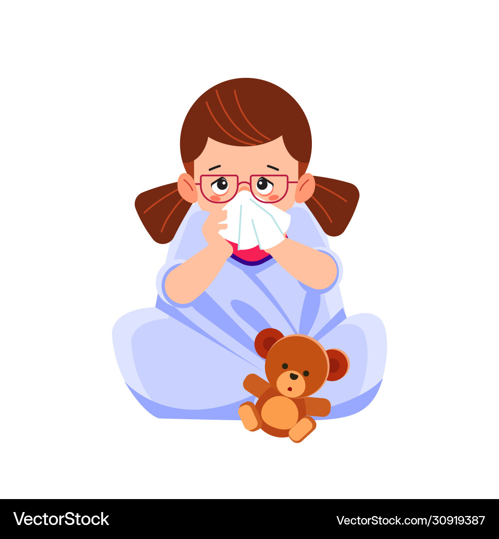 Krankenkind Mädchen sitzen im Bett mit Spielzeugbär Krankenkind Mädchen sitzen im Bett mit Spielzeugbär vektorbild